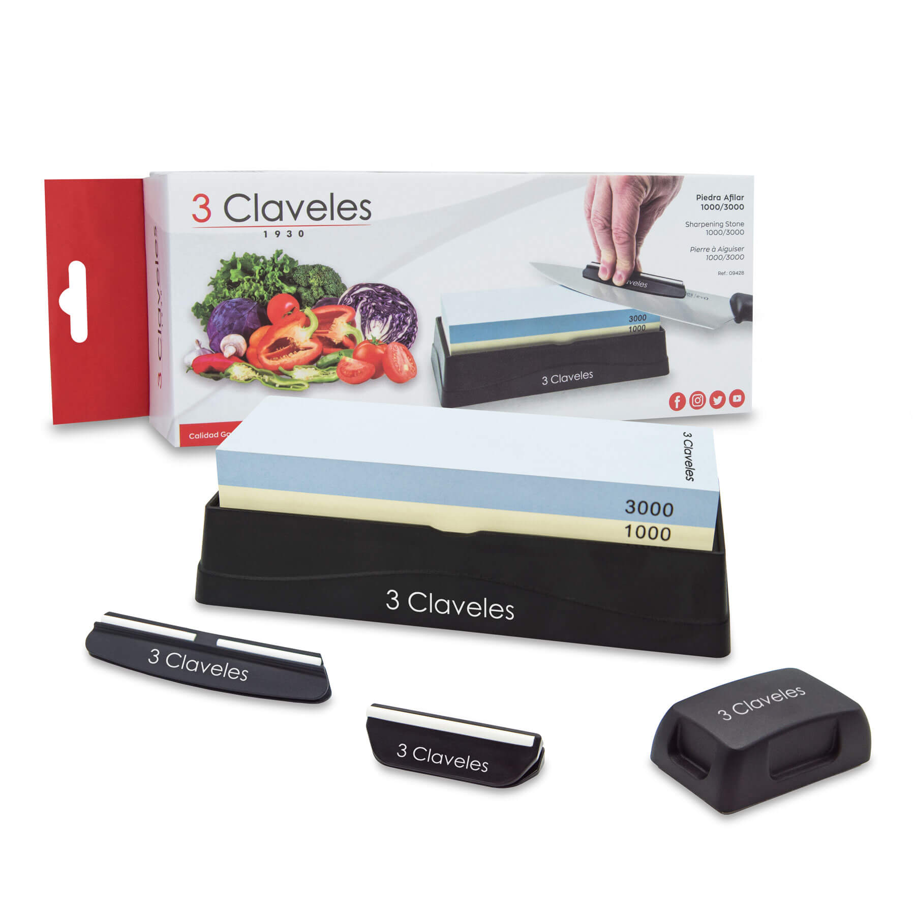 Pierre à aiguiser grain 1000/3000 avec deux guides et redresseur 3Claveles