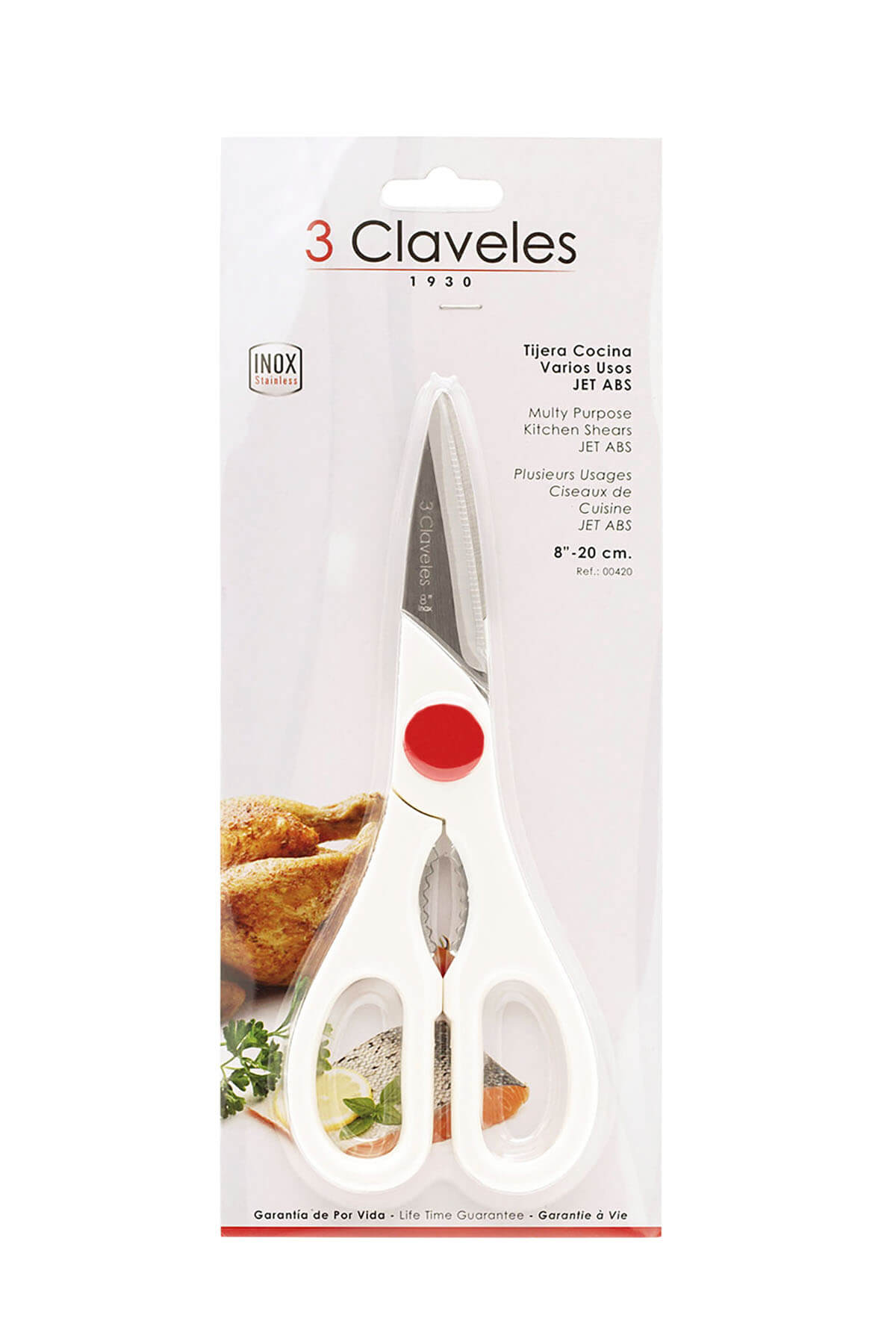 Tijeras de cocina Jet con mango de ABS blanco y hoja de 20 cm 3Claveles
