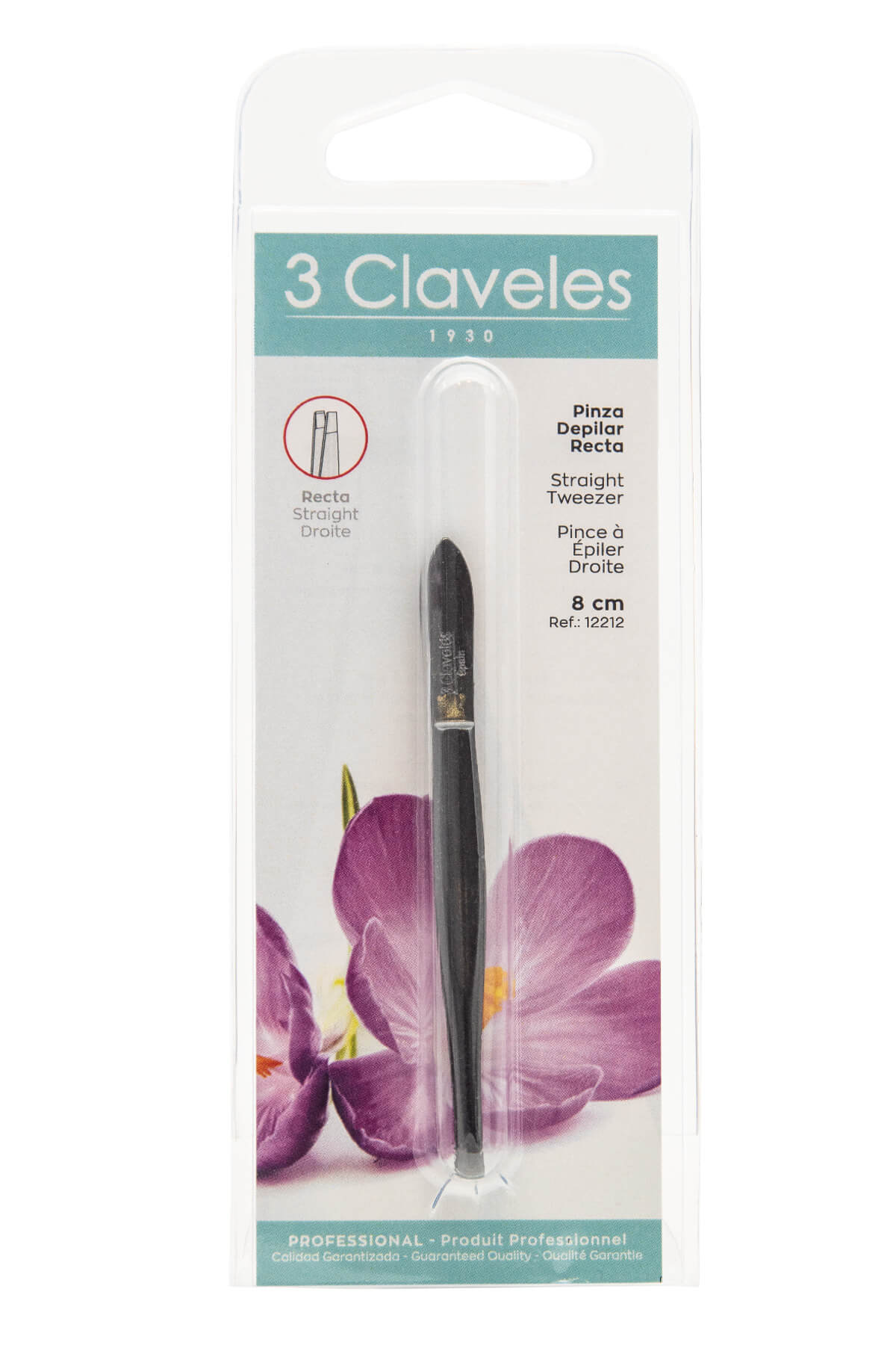 Pinza de depilar negra con punta recta 8 cm 3 Claveles en blíster