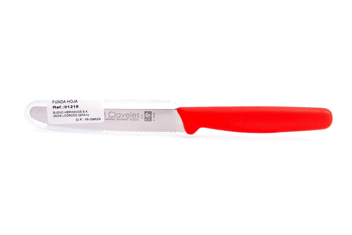 Coltello da tavola con lama arrotondata e seghettata da 11 cm e manico in plastica rossa 3 Claveles