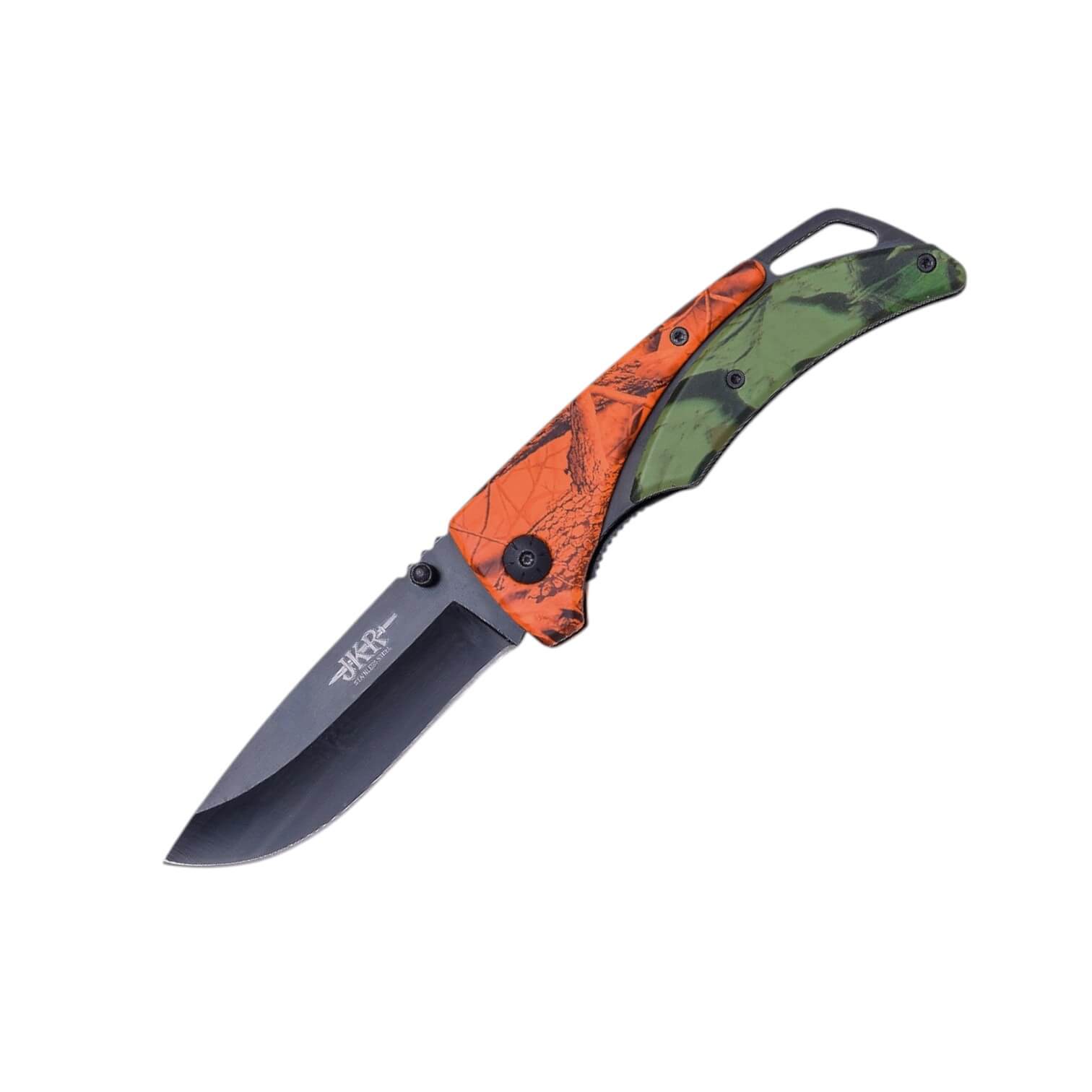 Taschenmesser mit orange-grünem Tarngriff und 10 cm langer schwarzer Klinge