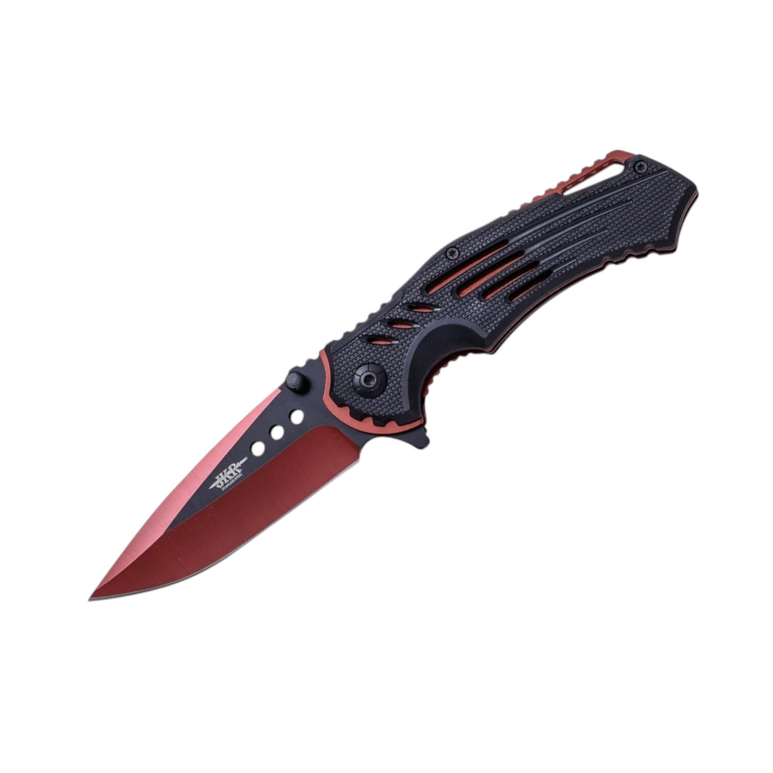 Sportmesser mit einer 8,5 cm langen, rot-schwarzen Klinge und einem schwarzen Kunststoffgriff mit Liner-Lock-Verriegelung