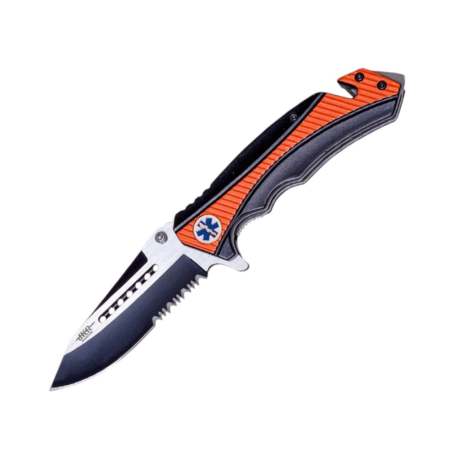 Tactical pocket knife with 8.5cm black saw blade and black and orange aluminum handle with seatbelt cutter and glass breaker tip