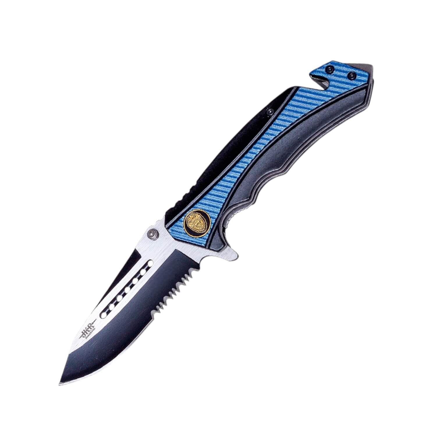 Tactical pocket knife with 8.5cm black saw blade and black and blue aluminum handle with seatbelt cutter and glass breaker tip