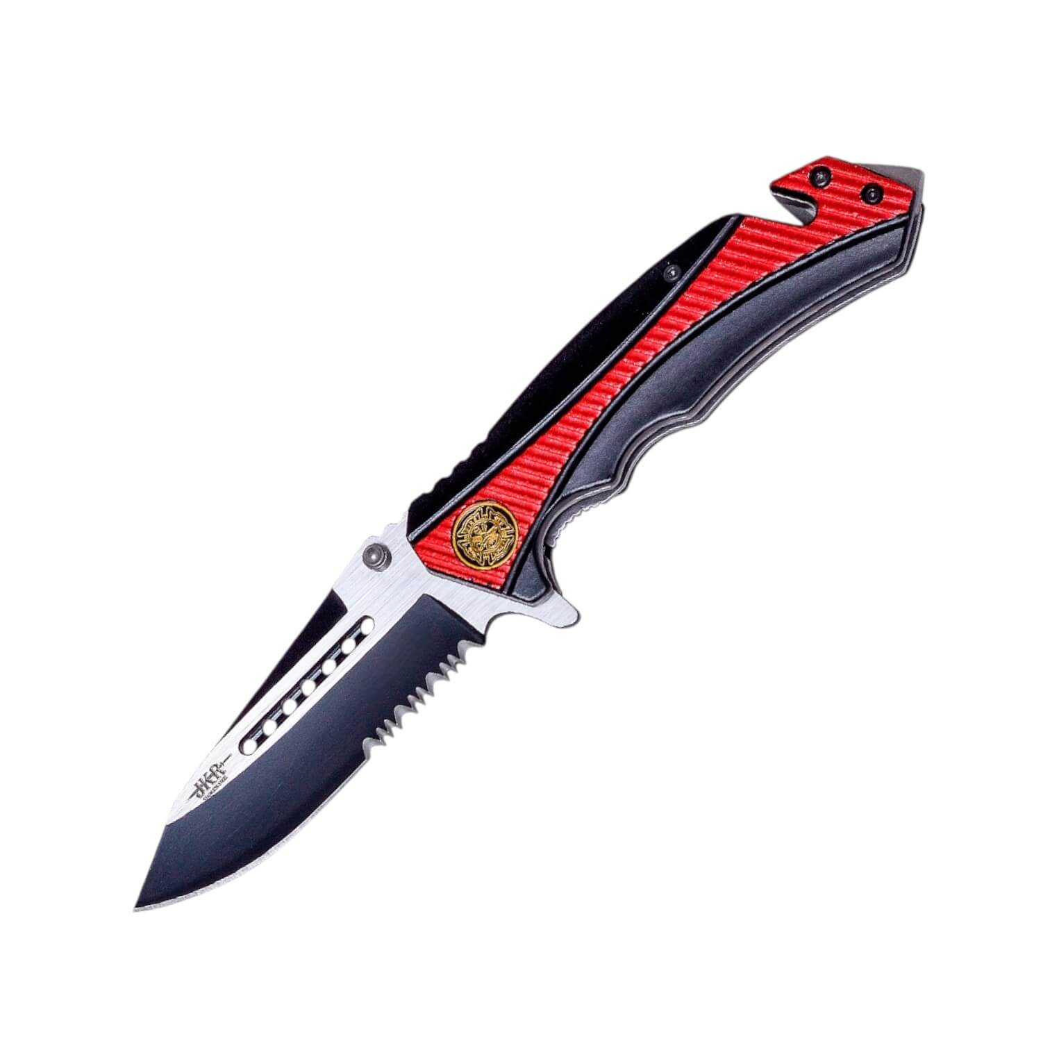 Tactical knife with 8.5cm black saw blade and black and red aluminum handle with seatbelt cutter and glass breaker tip
