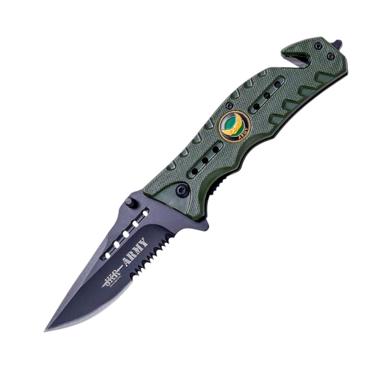 Armeemesser mit 8 cm langer, schwarzer Sägeklinge und grünem Alum...