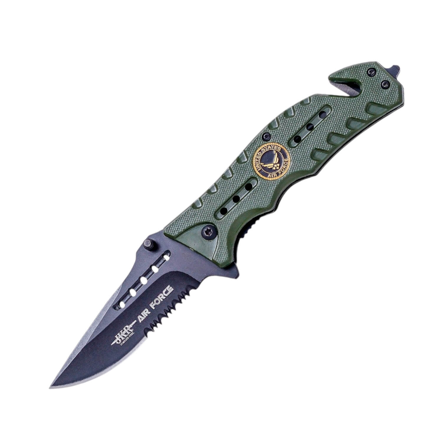 Klappmesser der US-Luftwaffe mit 8 cm langer, schwarzer Sägekling...