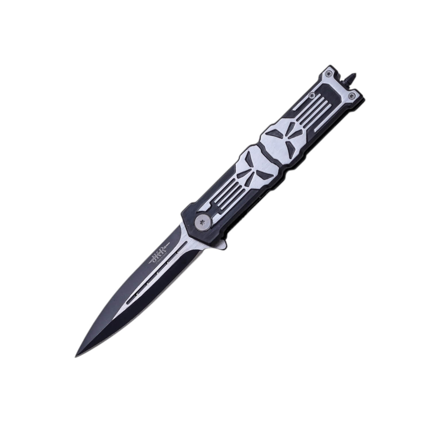 Pocket knife with an 8.5 cm black blade and a black aluminum handle with skulls and a glass breaker tip
