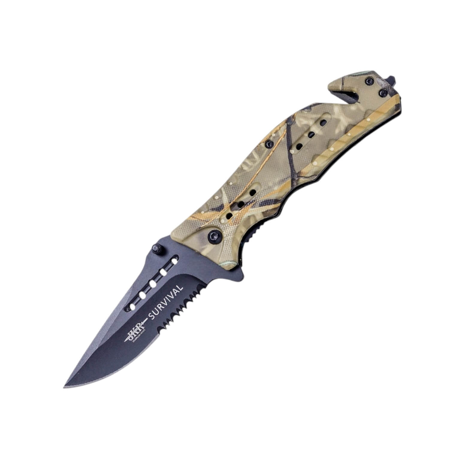 Klappmesser mit 8 cm langer, schwarzer Sägeklinge und getarntem A...