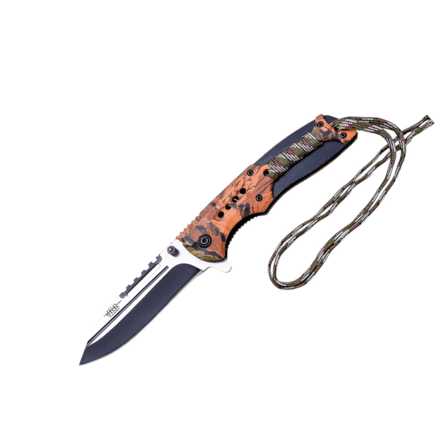 Taktisches Messer mit einer 9 cm langen schwarzen Klinge und einem orangefarbenen Aluminiumgriff mit Paracord