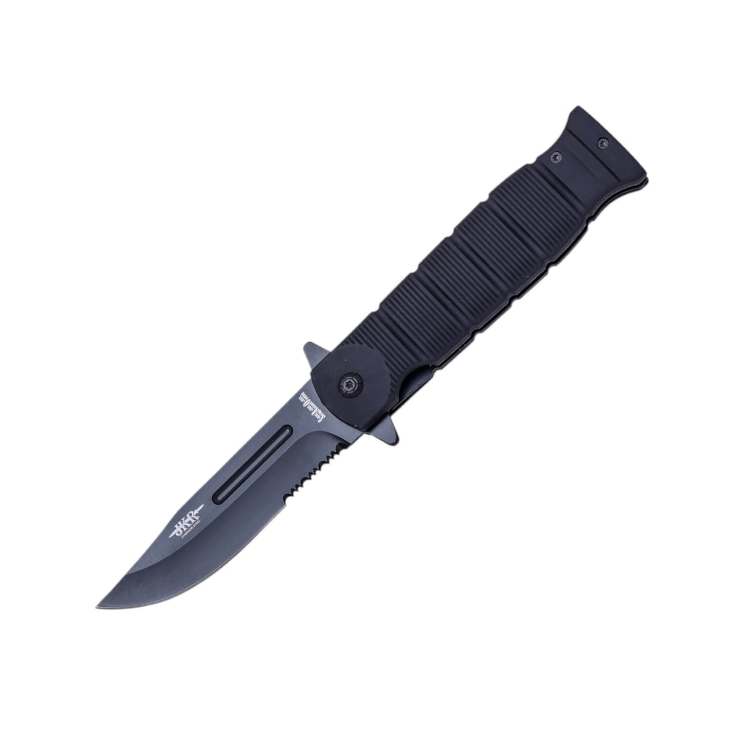 Rettungsmesser mit 8,5 cm langer schwarzer Sägeklinge und schwarzem Gummigriff