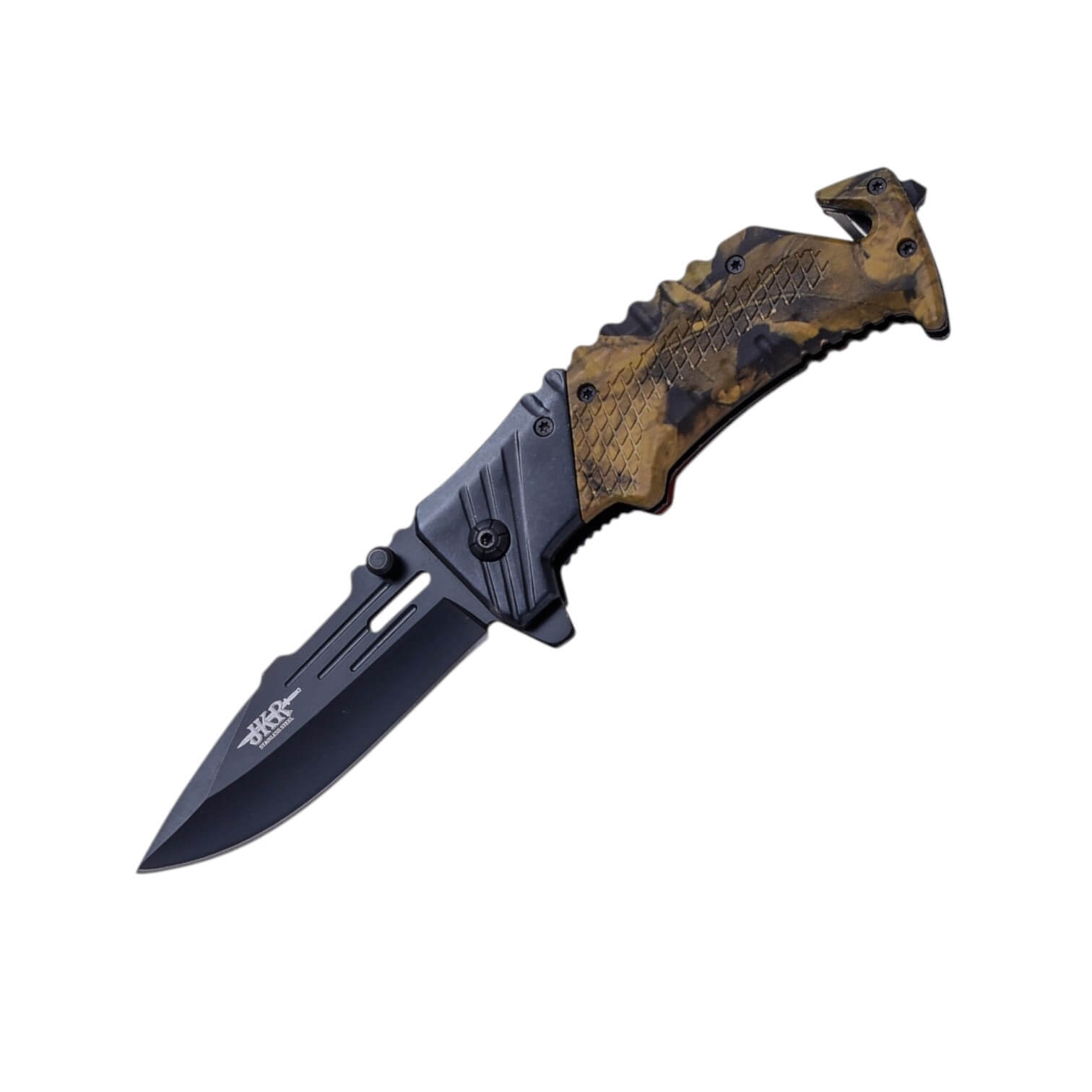 Coltello da salvataggio con lama nera da 8,5 cm e impugnatura mimetica con tagliacinture di sicurezza e punta rompivetro