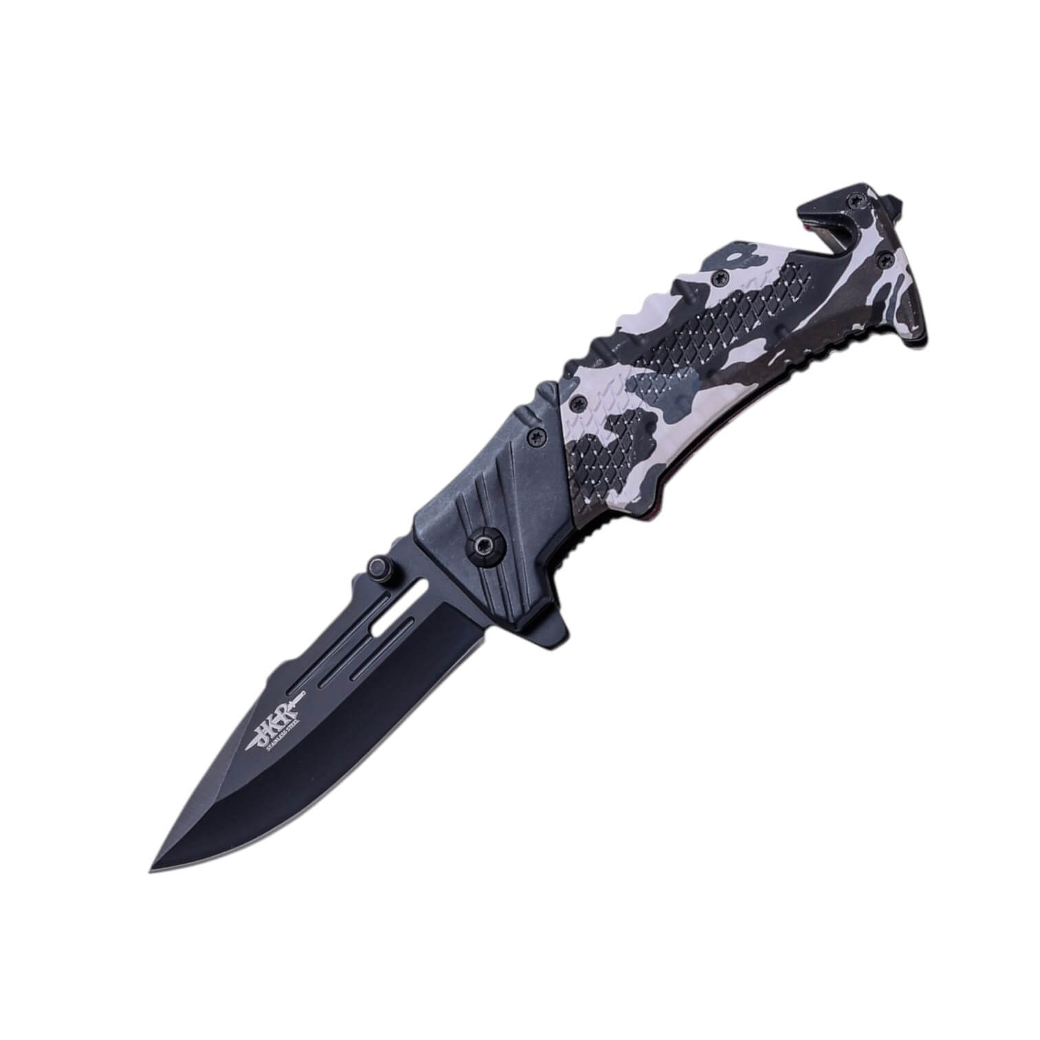 Rescue knife with 8.5 cm black blade and black camouflage handle with seatbelt cutter and glass breaker tip