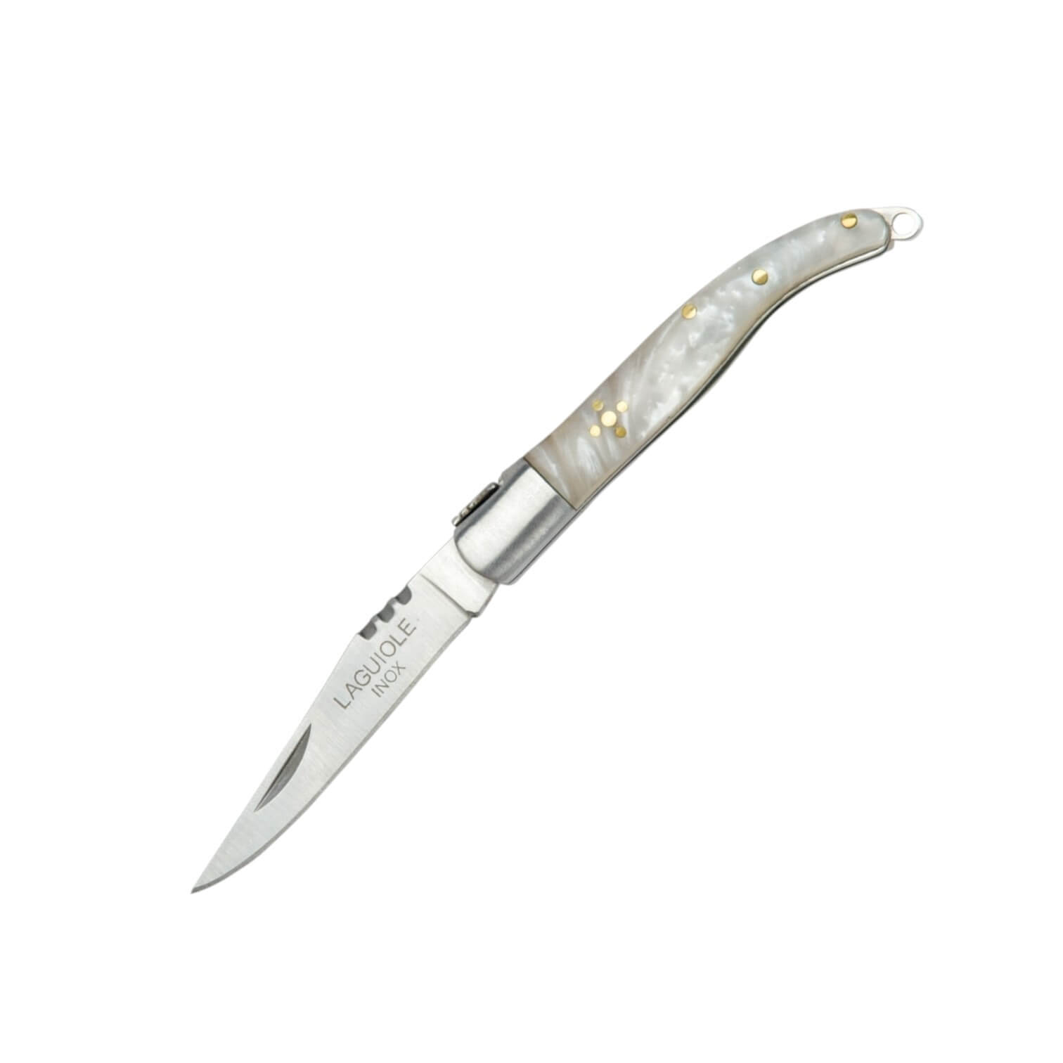 Laguiole-Klappmesser mit Griff in Perlmuttoptik, Edelstahlbacke u...