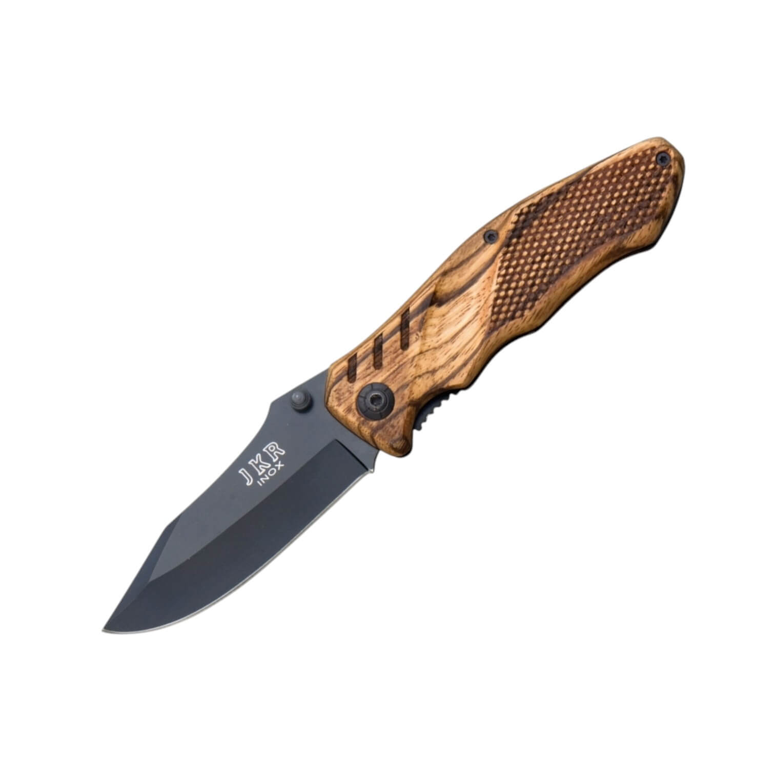 Coltello pieghevole con manico in legno grezzo e lama nera con bl...