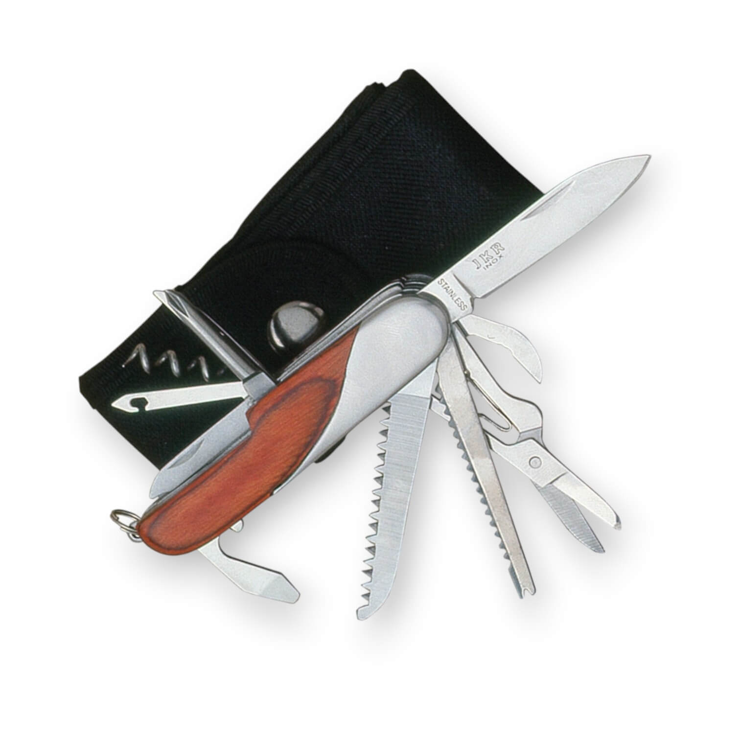 Coltello multiuso JKR a 14 funzioni con manico in legno rosso, gh...