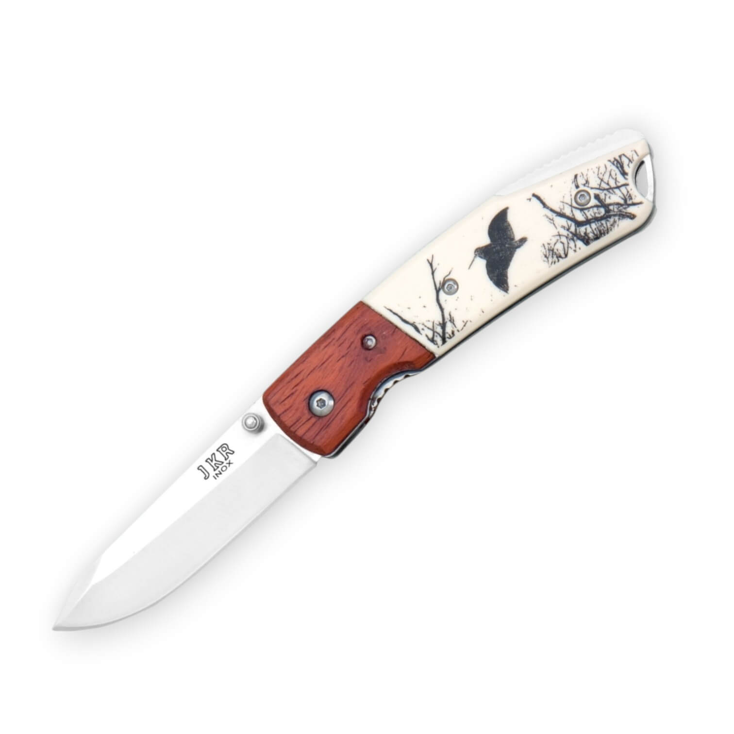 Canivete JKR com cabo em plástico decorado com galinhola, reforço...