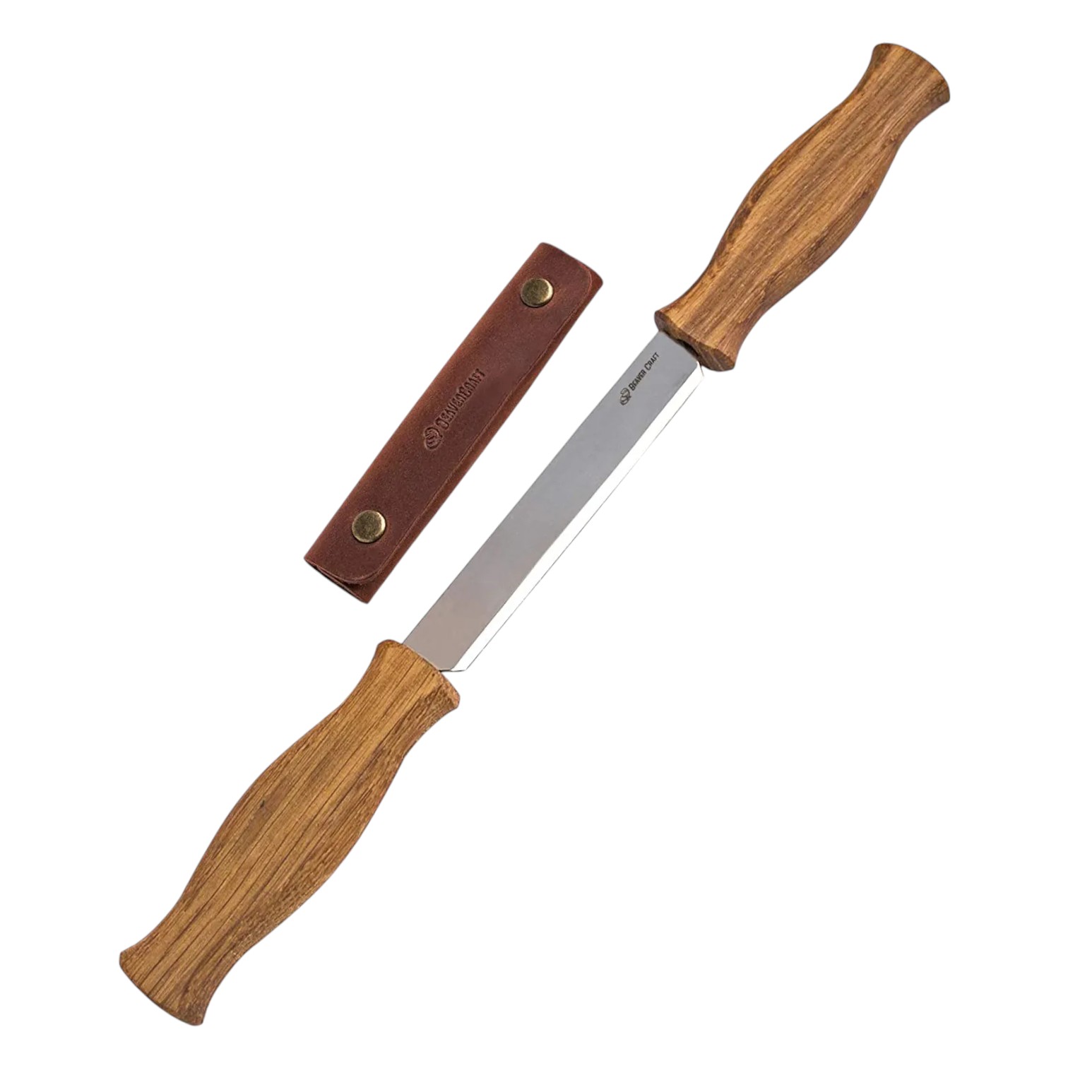 Cuchillo desbastador con mango de roble y funda de cuero