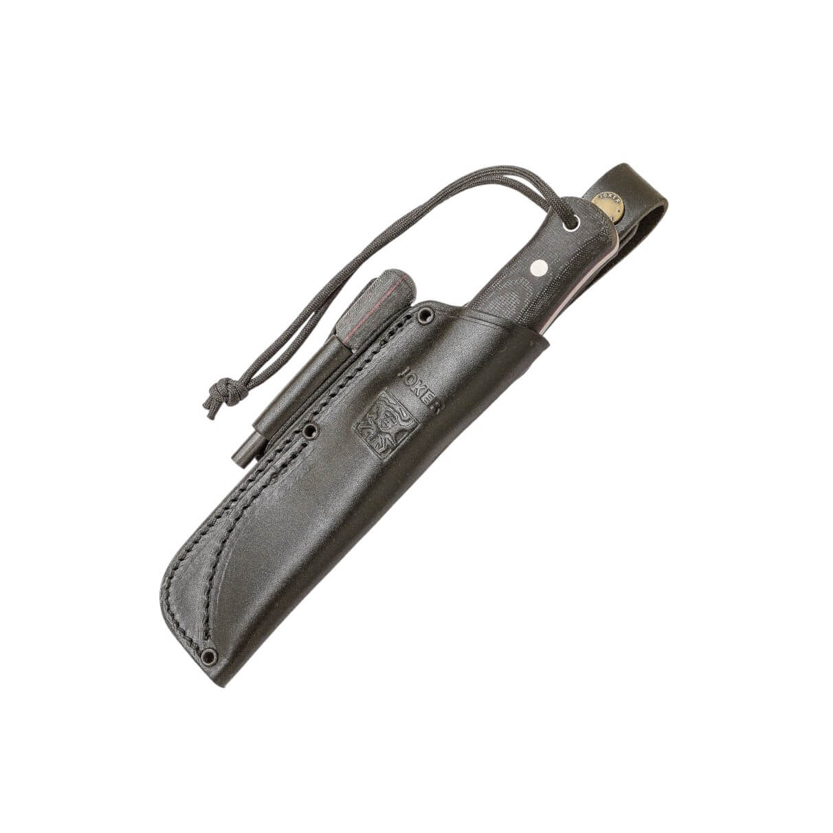 Faca de bushcraft Joker Bushlord com cabo de micarta de lona preta e pederneira