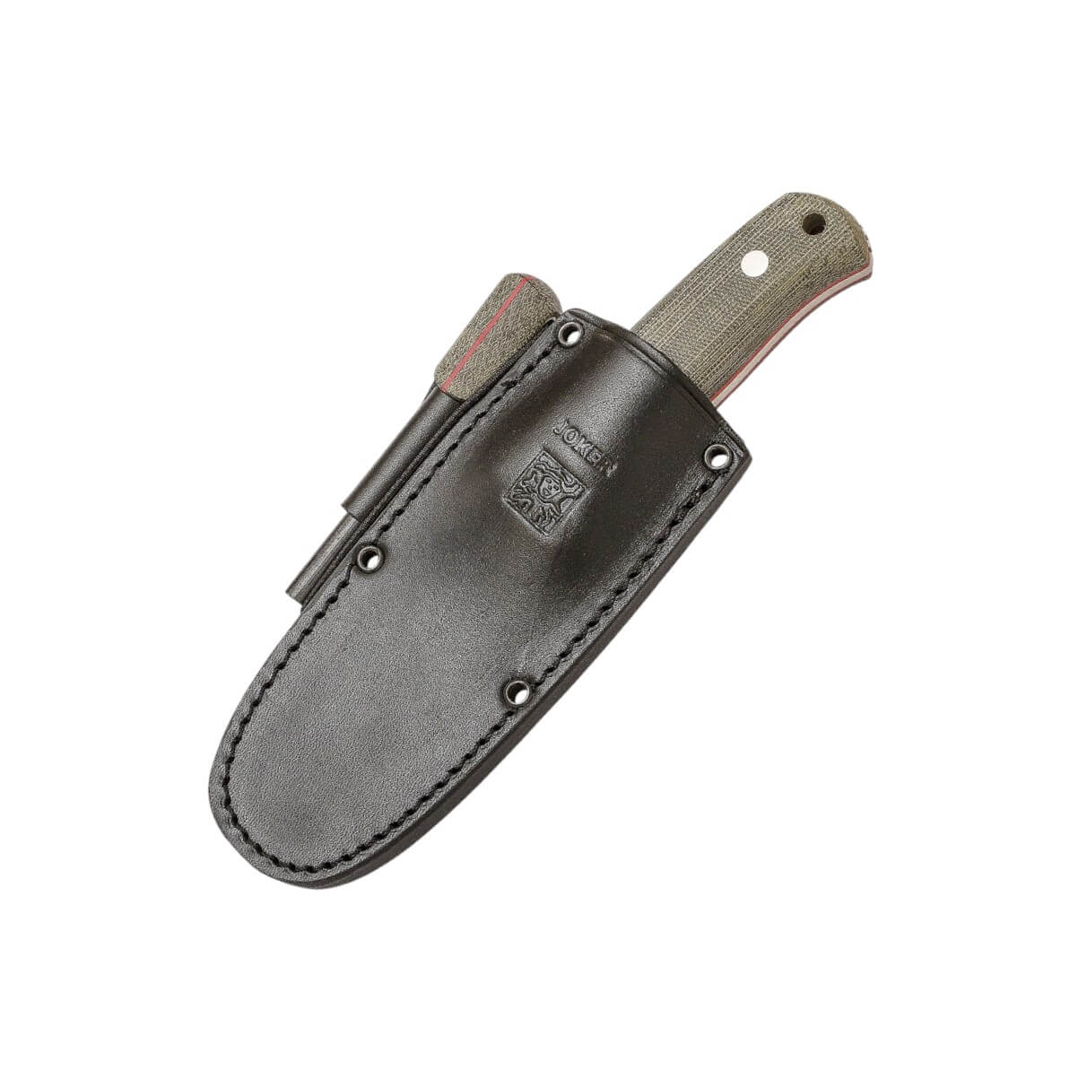 Coltello da bushcraft Joker Erizo TS2 con impugnatura in micarta verde e fodero in pelle nera con acciarino