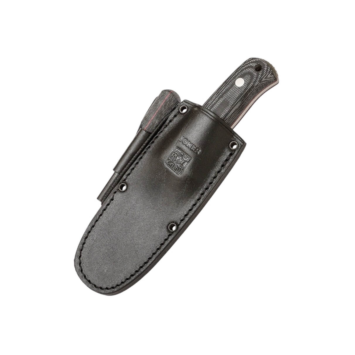 Coltello da bushcraft Joker Erizo TS2 con impugnatura in micarta nera e fodero in pelle nera con acciarino