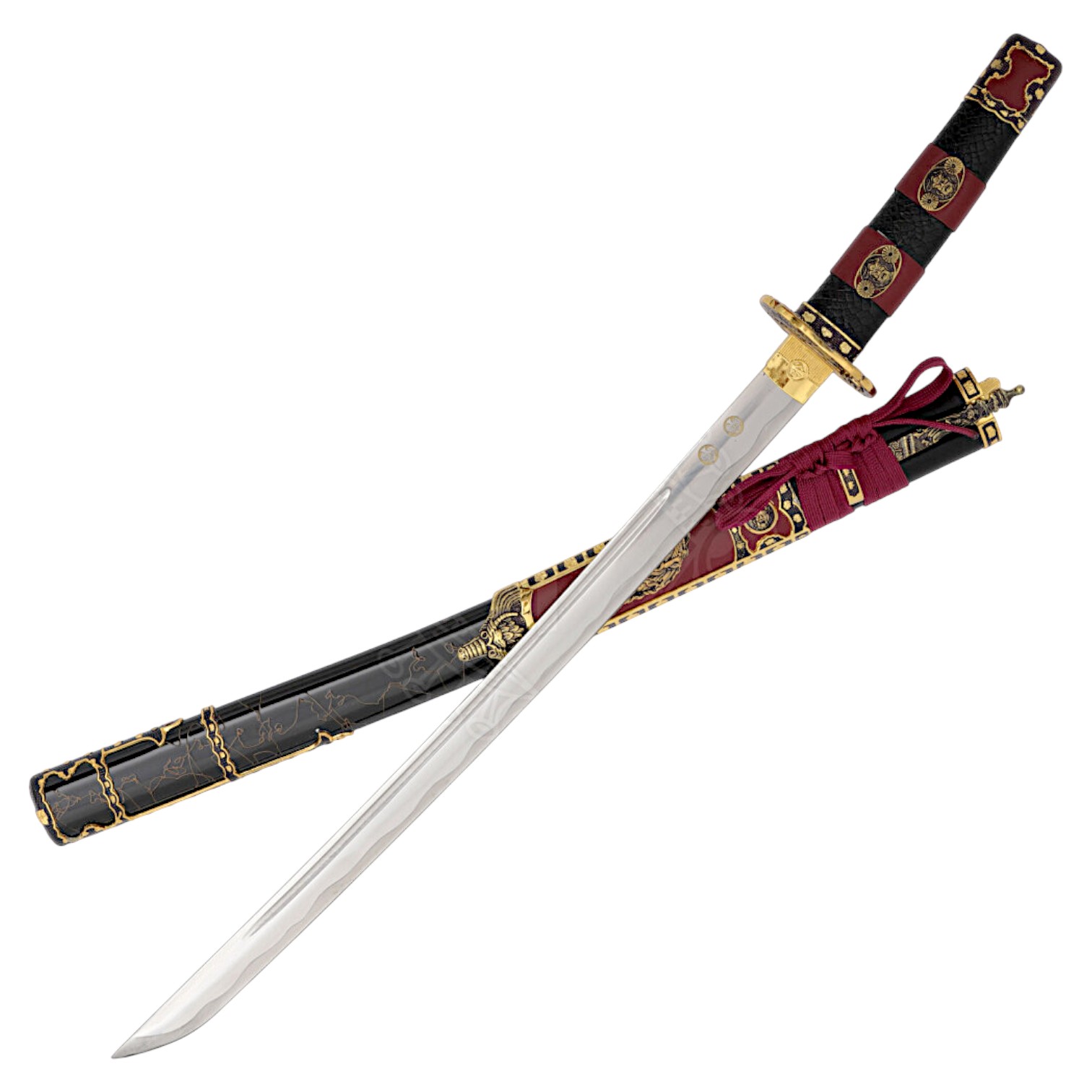 Wakizashi Minamoto con vaina negra y puño de cuero negro y rojo