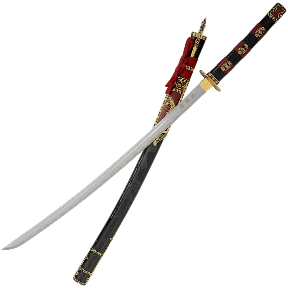 Katana Minamoto con vaina negra y puño de cuero negro y rojo