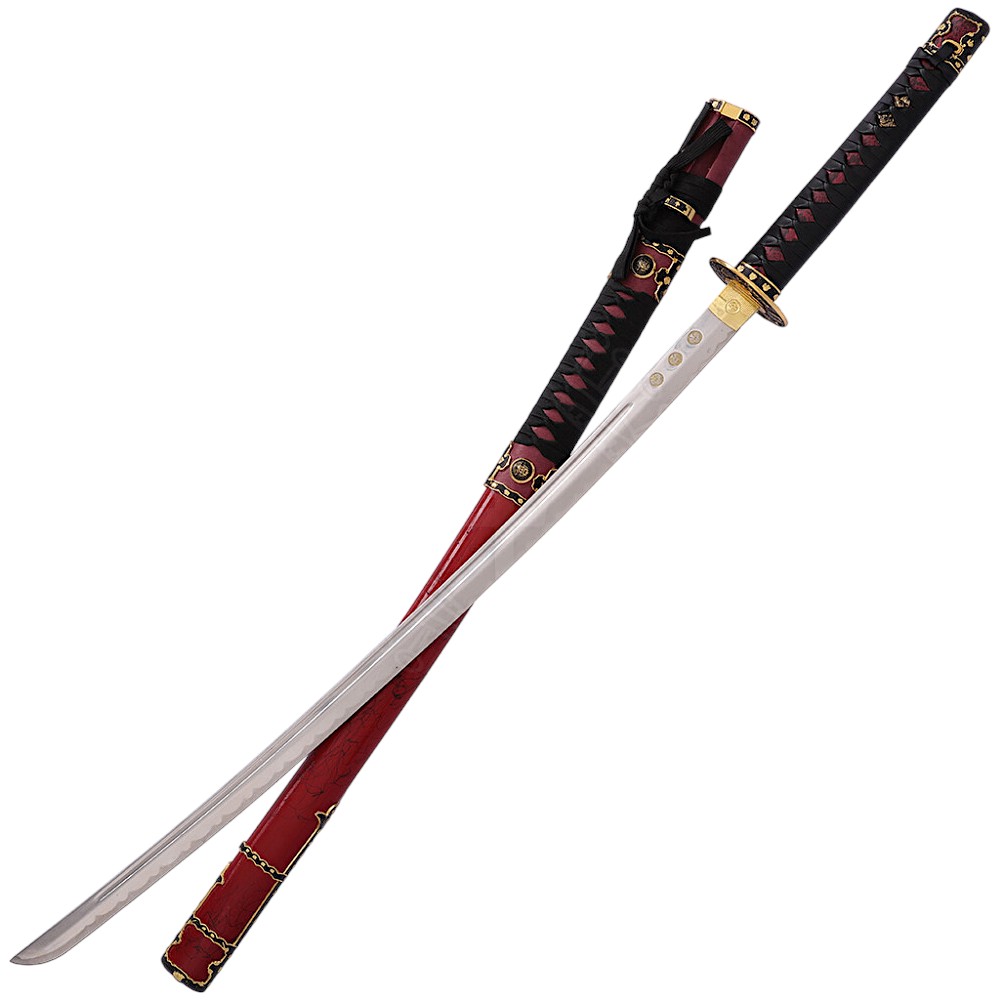 Katana Tokugawa con vaina roja y puño trenzado de cuero
