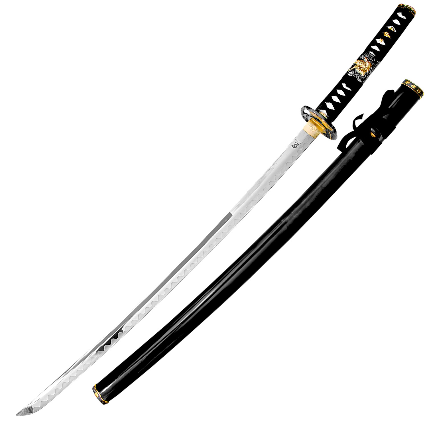 Katana con vaina negra y empuñadura con aplique de metal