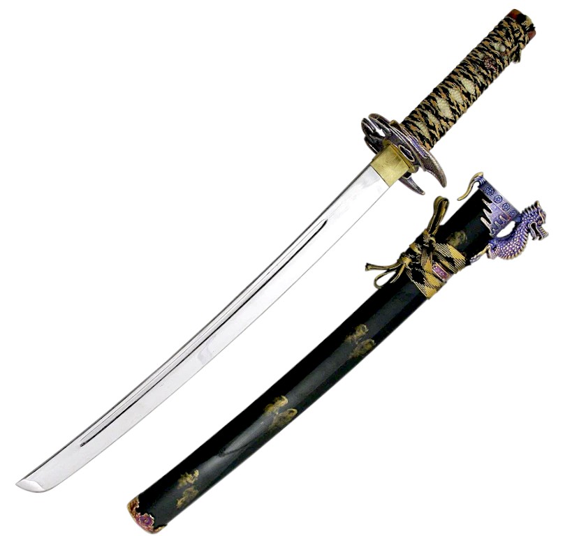 Wakizashi mango de dragón y vaina negro oro