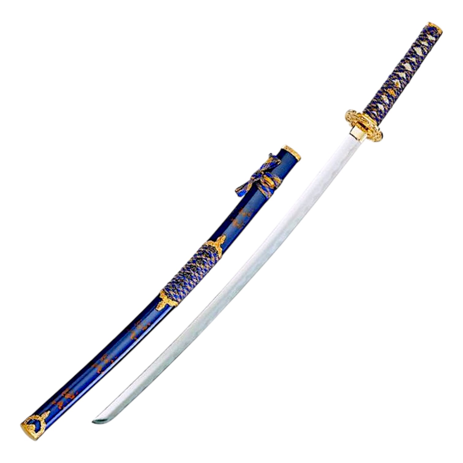 Katana com cabo trançado azul e dourado