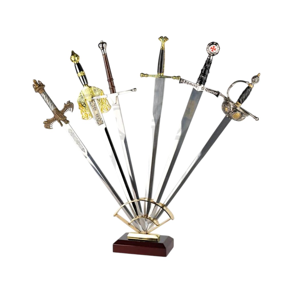 Expositor com 6 mini espadas.
