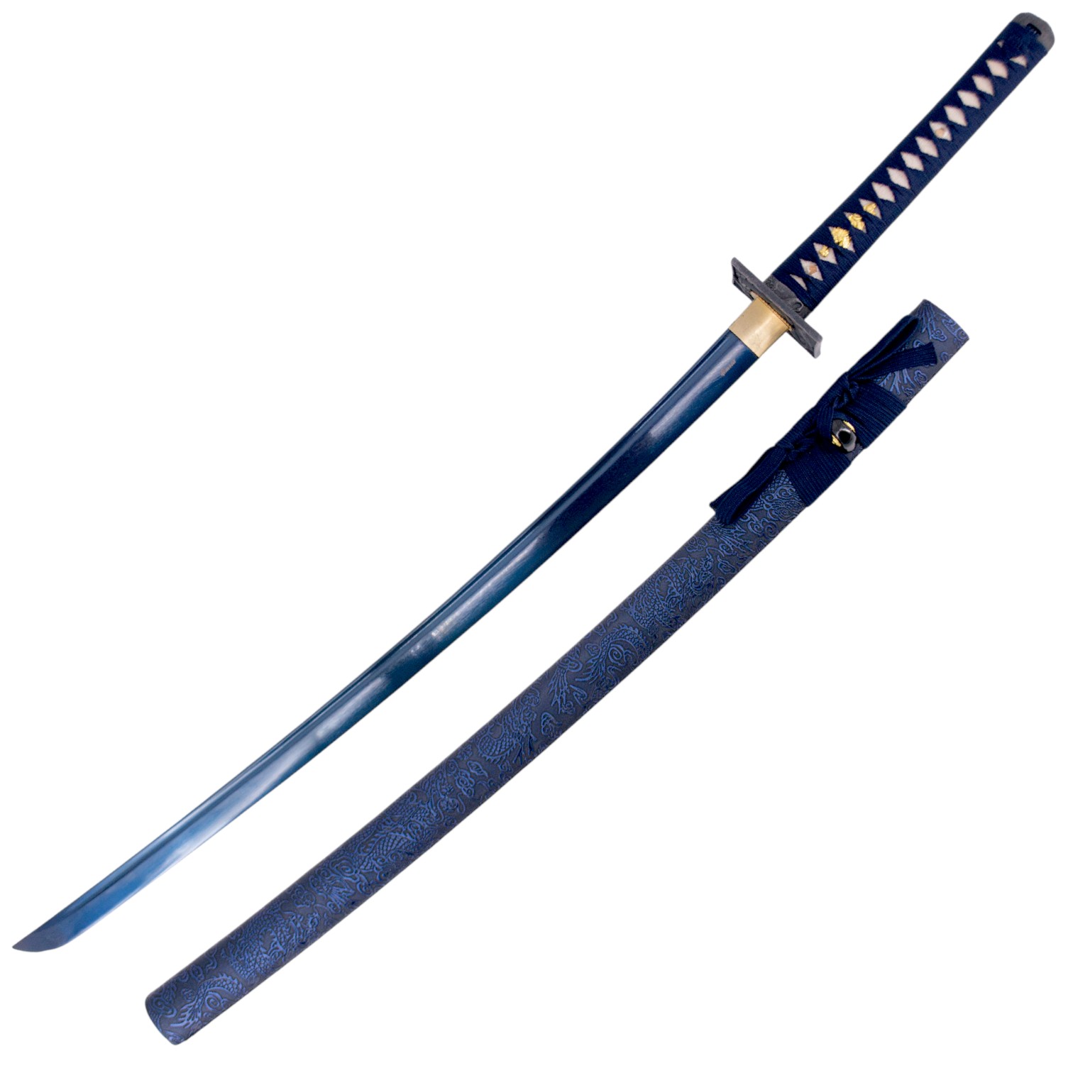Katana funzionale in acciaio damasco blu da 104 cm con lama e cus...