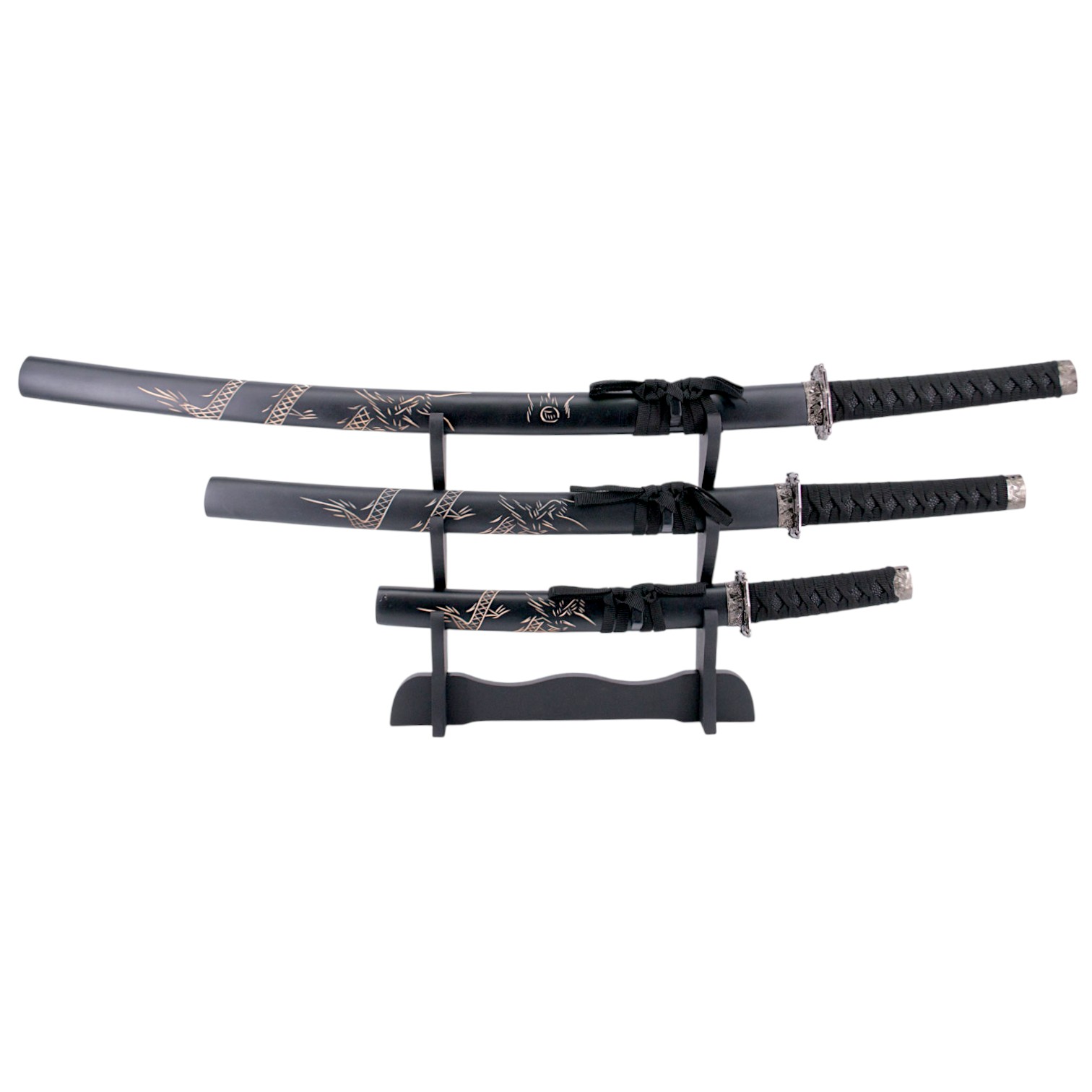 Conjunto de 3 peças de katana wakizashi e Tanto pretas com bainha...