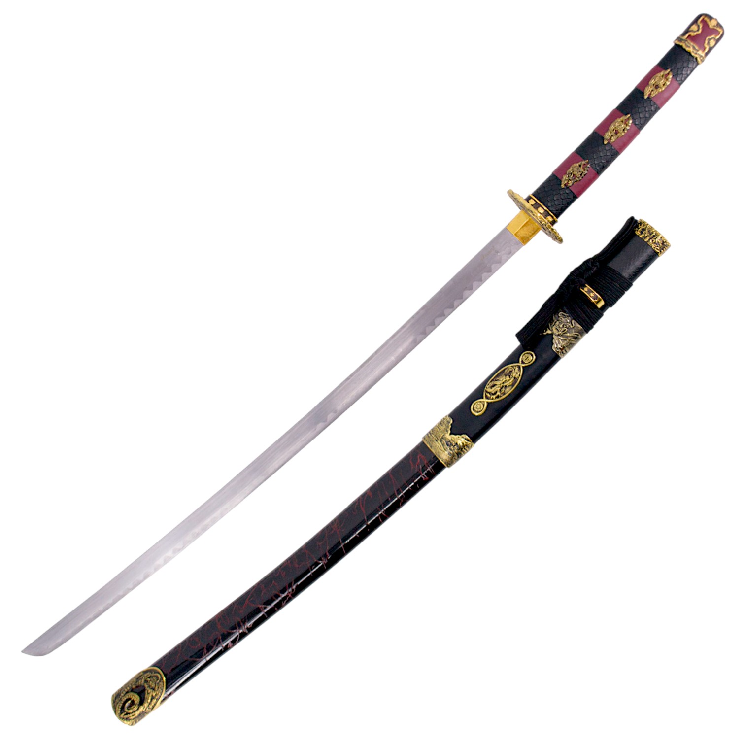 Katana negra y roja con hoja de acero de 70 cm con mango y vaina ...