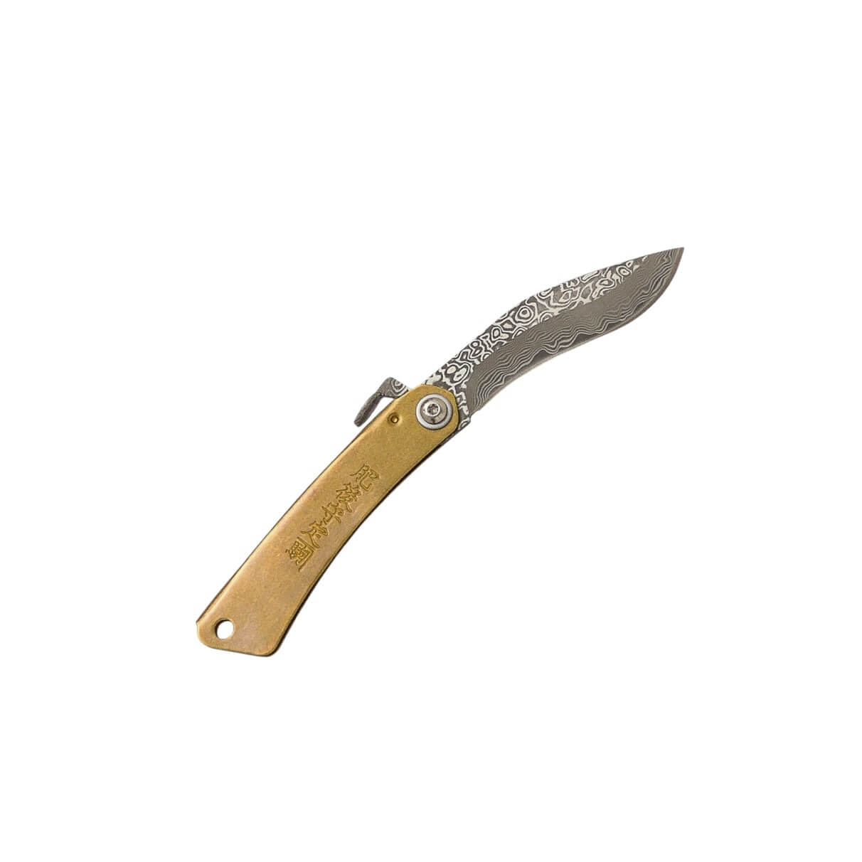 Navaja japonesa con mango de latón y hoja falcata damasco de 7 cm