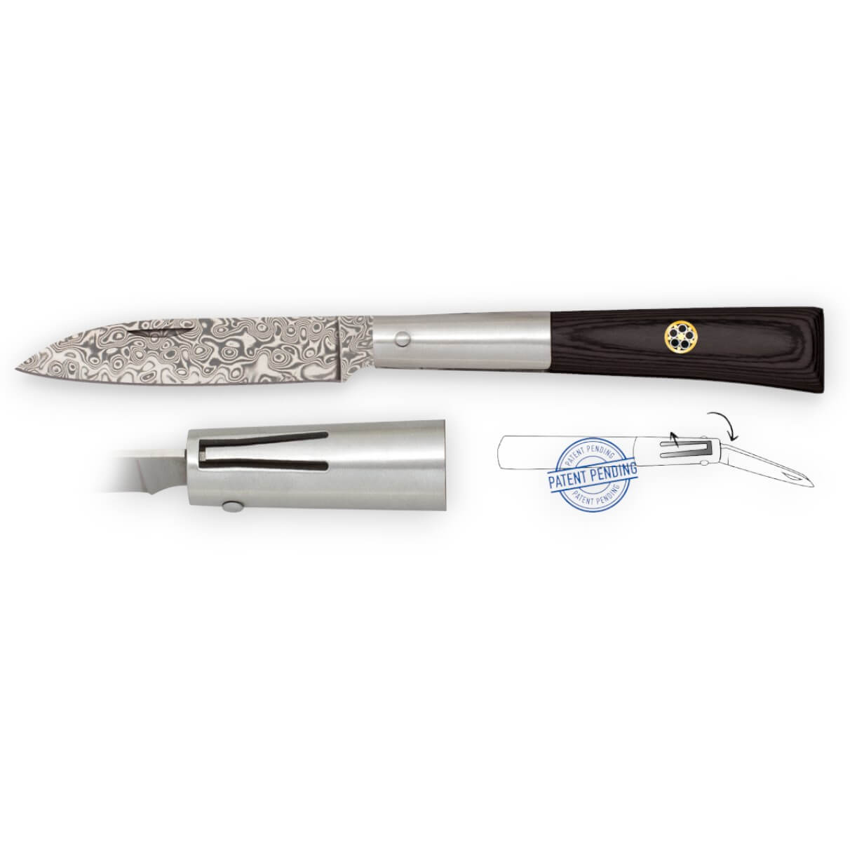 Navaja de bolsillo con mango de estamina negra y hoja de 8.3 cm de damasco de 60 capas con bloqueo