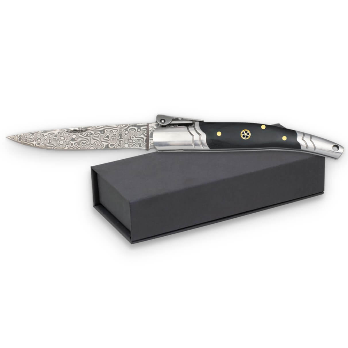 Navaja de bolsillo con mango de estamina negra con virola y hoja de acero damasco de 8 cm