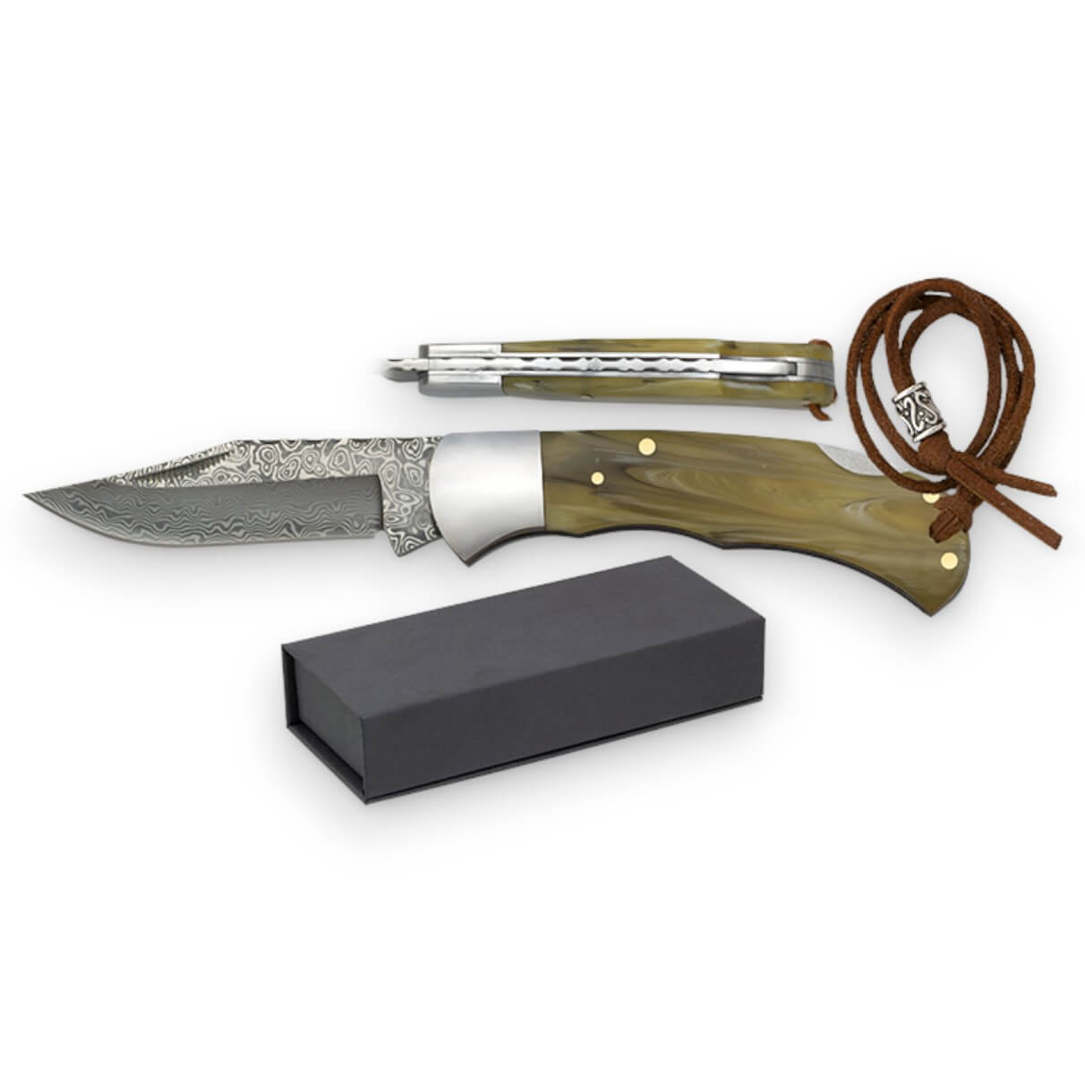 Navaja de bolsillo con mango acrílico y hoja de acero damasco de 7 cm con backlock