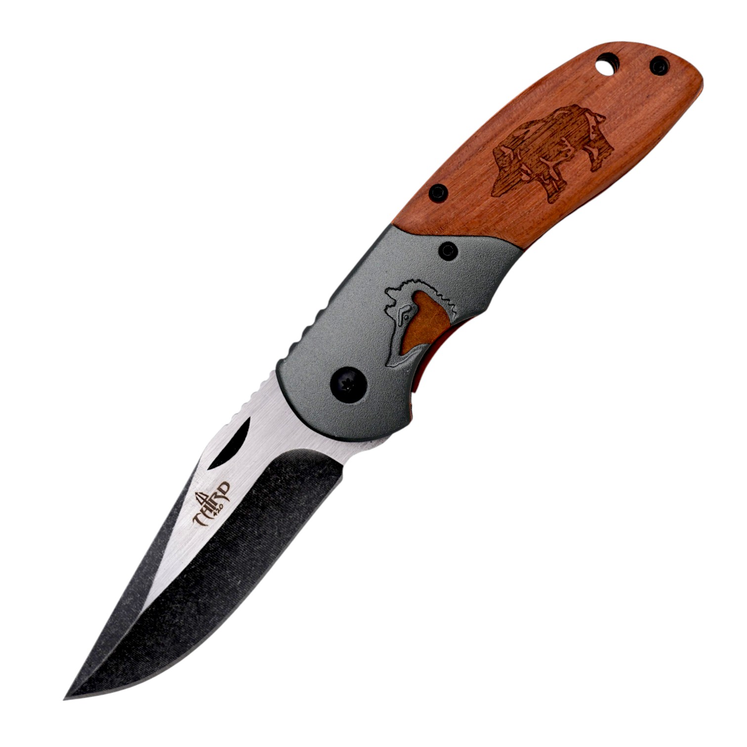 Navaja de bolsillo 9,6 cm con virola cabeza de jabalí y mango de ...