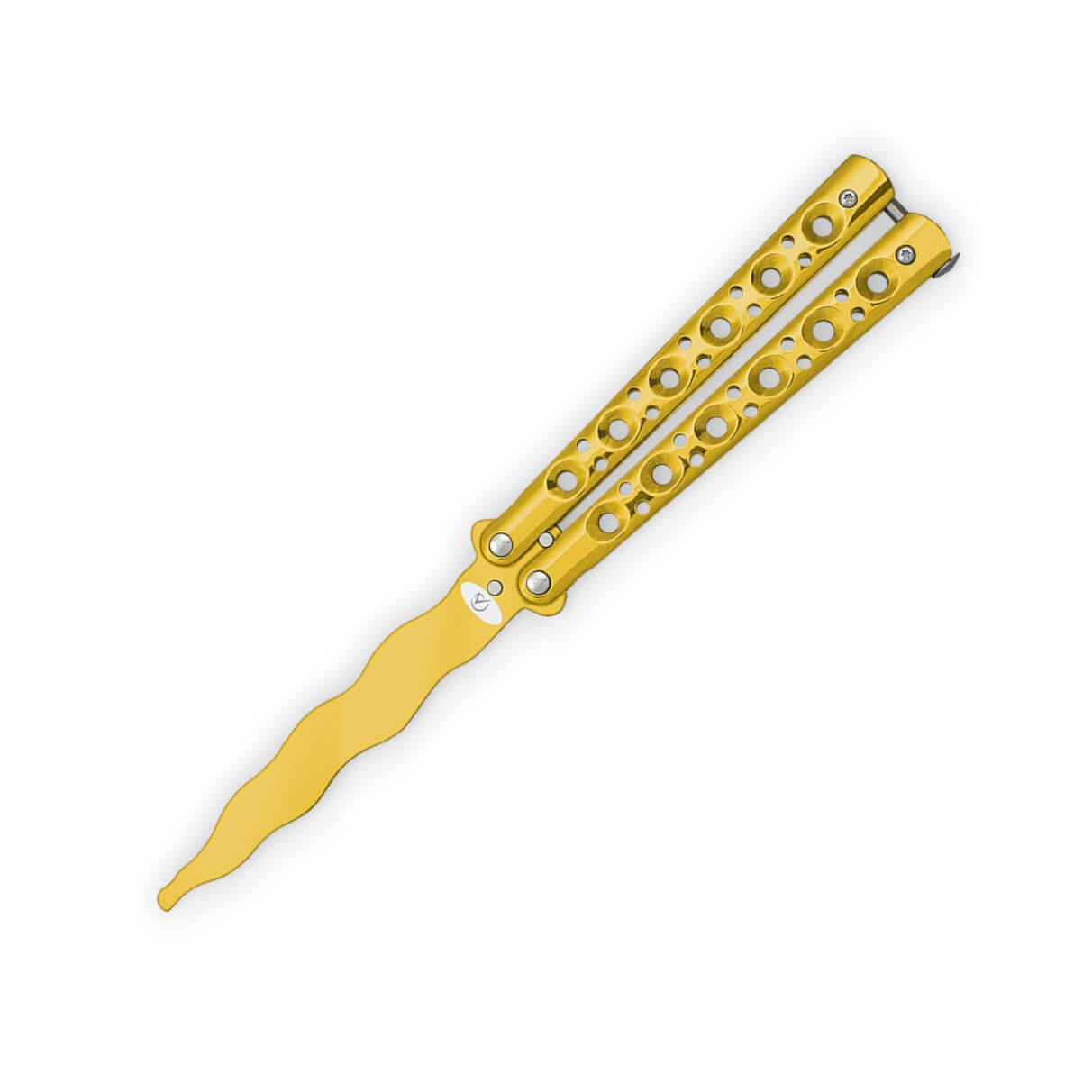 Navaja mariposa de entrenamiento color dorado con hoja flamigera ...