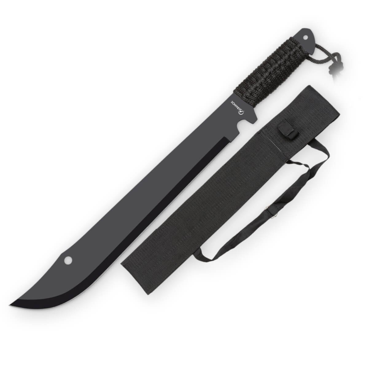 Machete con hoja negra de 36 cm y mango encordado negro y funda d...