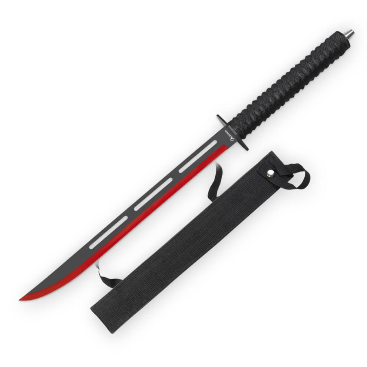 Machete con hoja negra y roja de 40.5 cm y mango encordado negro ...