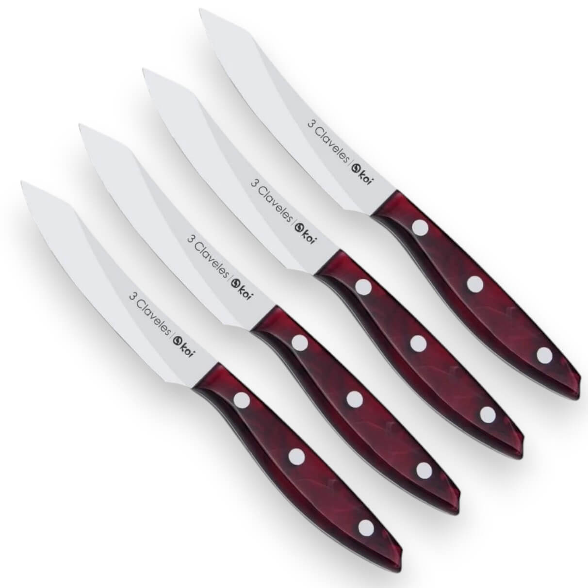 Set de 4 cuchillos chuleteros Koi 3 Claveles con mango acrílico rojo