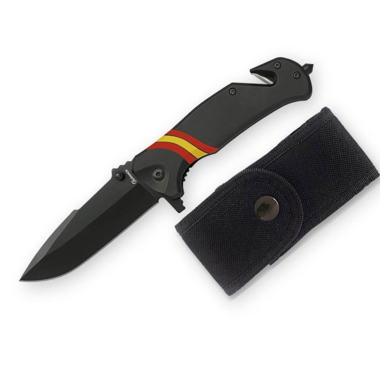 Navaja táctica negra con bandera de España y mango con cortacintu...