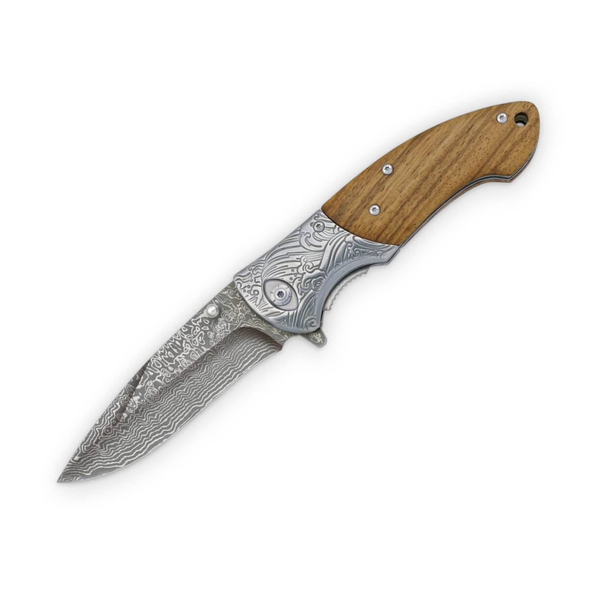 Navaja de bolsillo con hoja decorada a láser y mango de madera co...