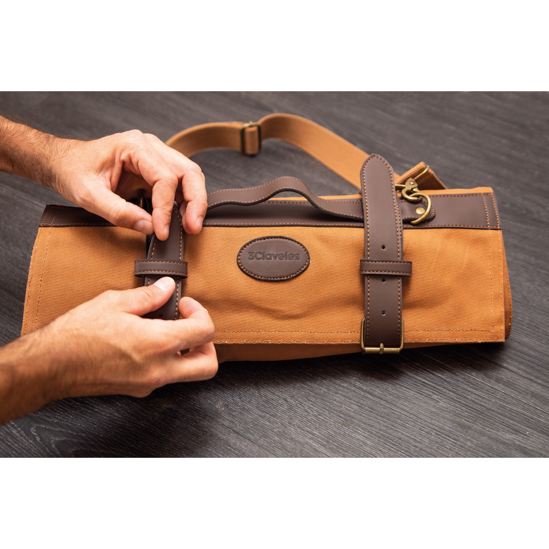 Estuche de lona encerada marrón para 12 cuchillos de cocina 3 Claveles