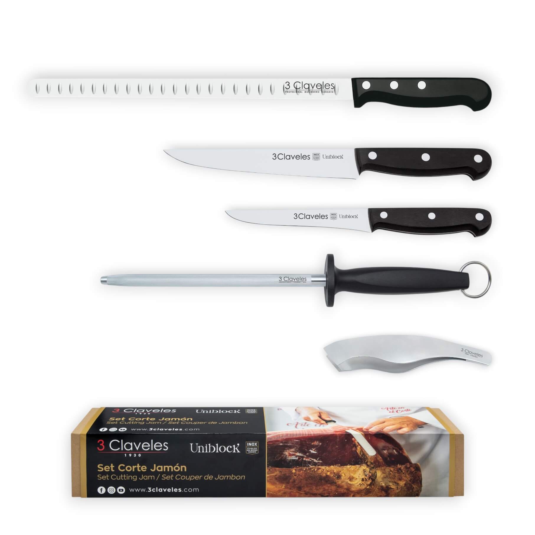 Conjunto para trinchar fiambre com 3 facas, chaira e pinça  Unibl...