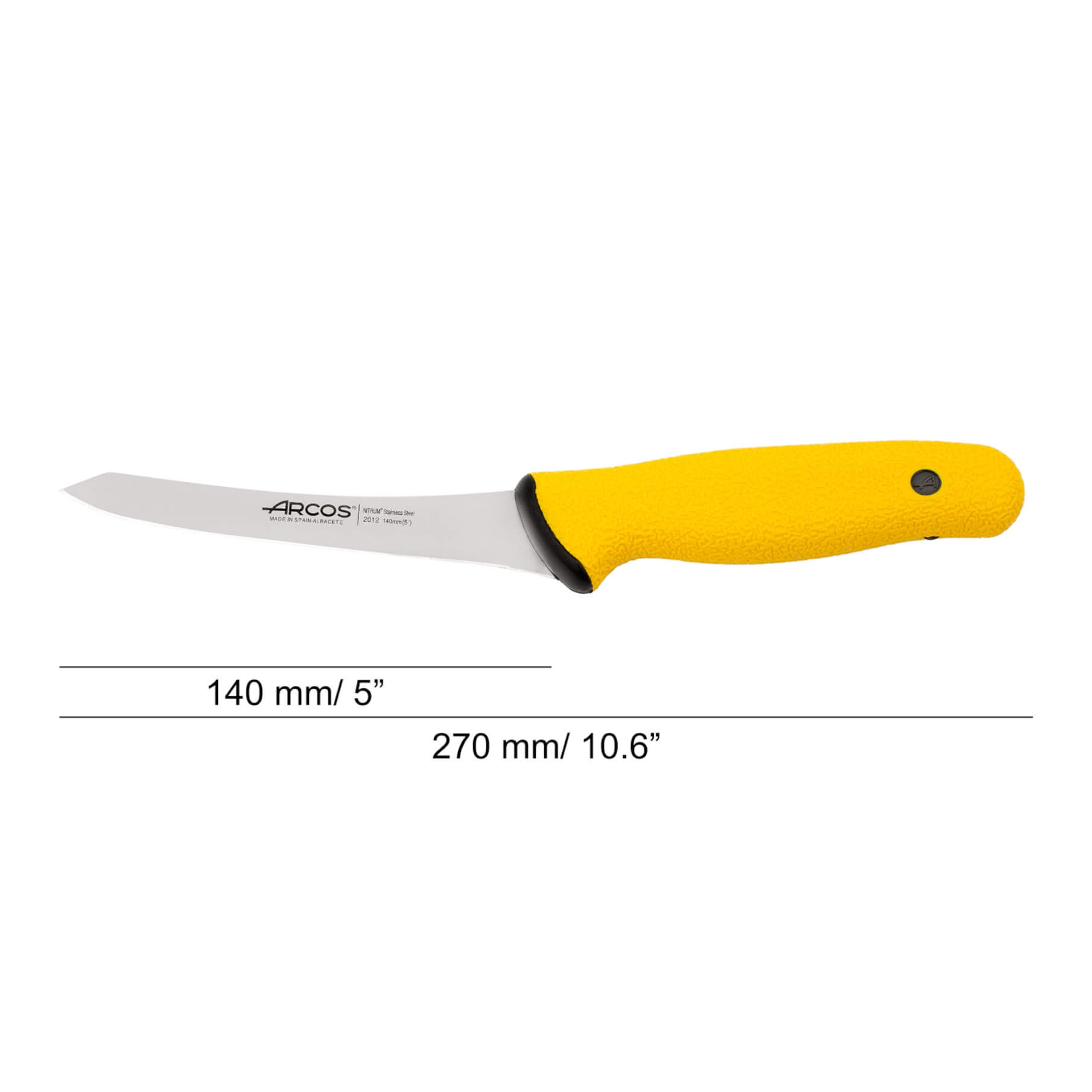 Coltello da disosso rigido curvo Arcos Duo Pro da 140 mm con punta smussata e manico giallo