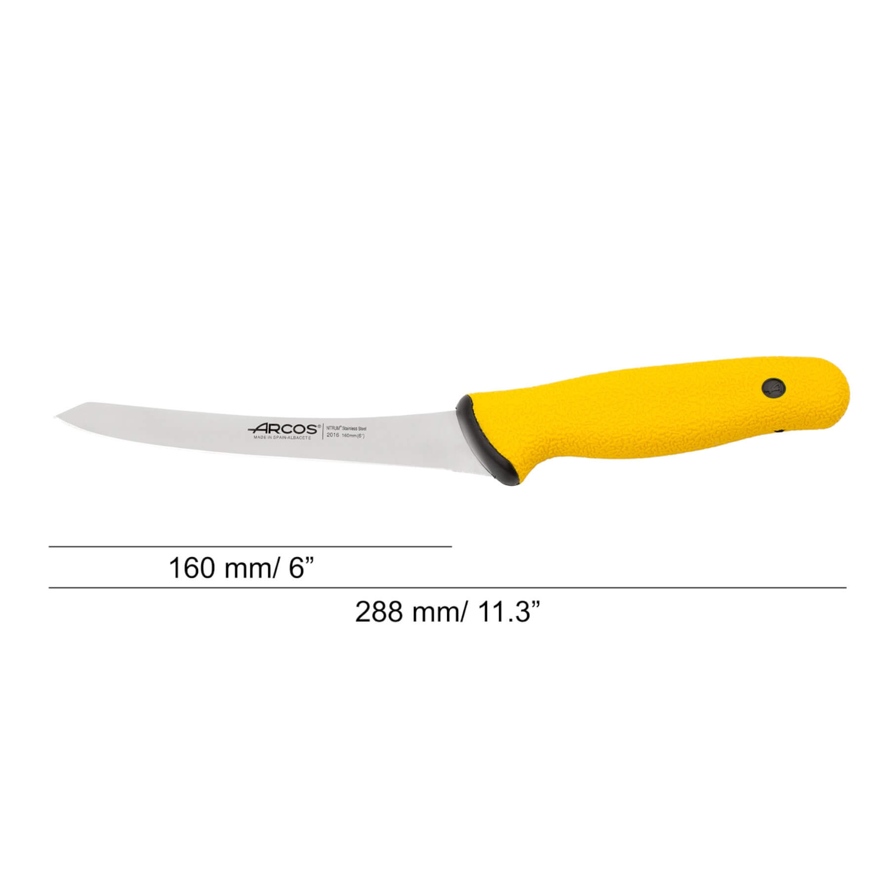 Coltello da disosso semirigido curvo Arcos Duo Pro da 160 mm con punta smussata e manico giallo